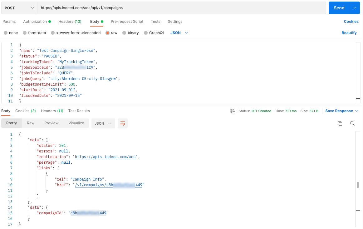 API call to create a campaign