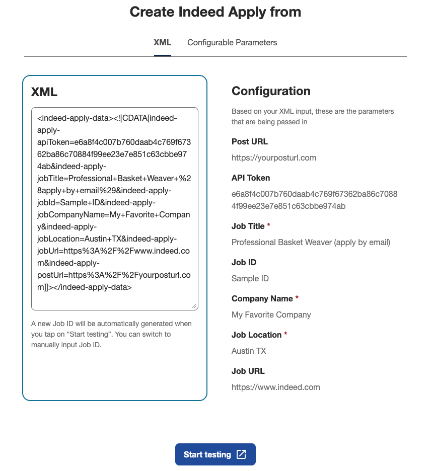 Apply XML Configuration Testing Tool - XML Tab