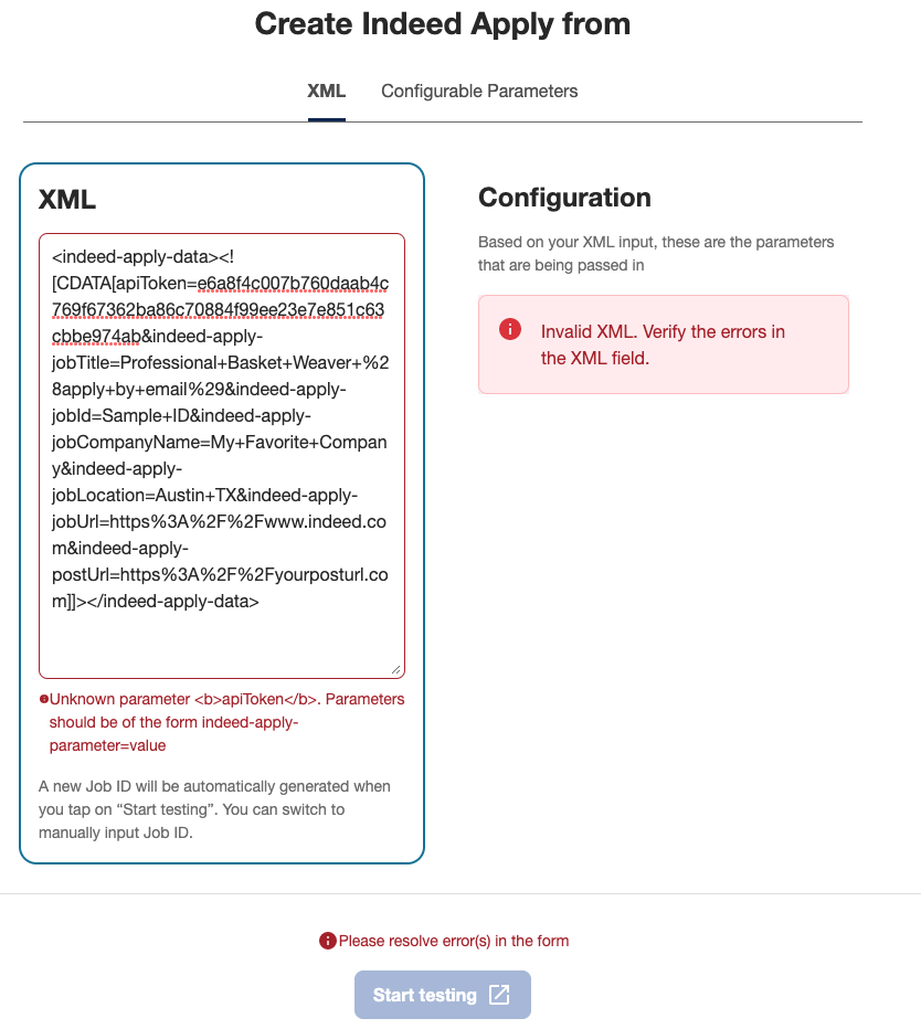 Example: Incorrect parameter format error