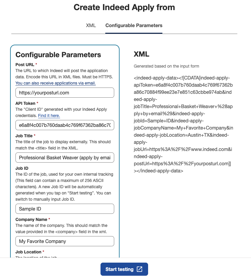 Indeed Apply XML Configuration Testing Tool - Configurable Parameters Tab