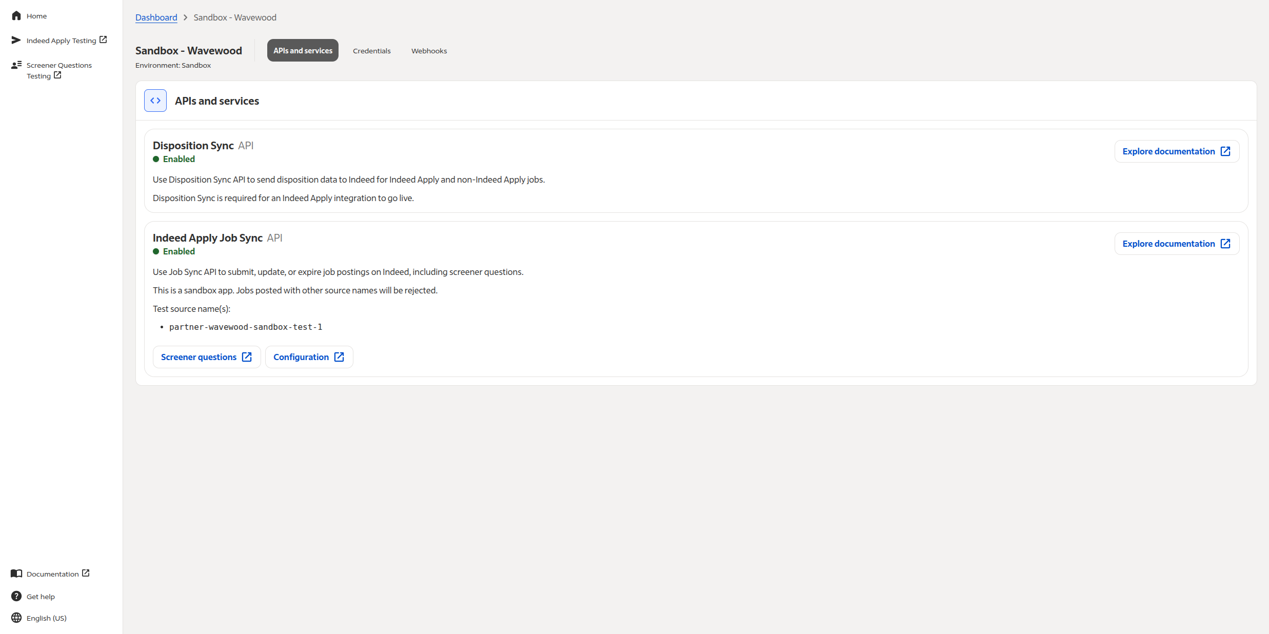 App details - APIs and Services tab