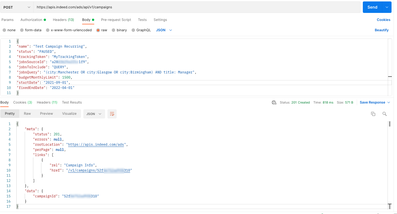 API call for a recurring campaign created on Indeed