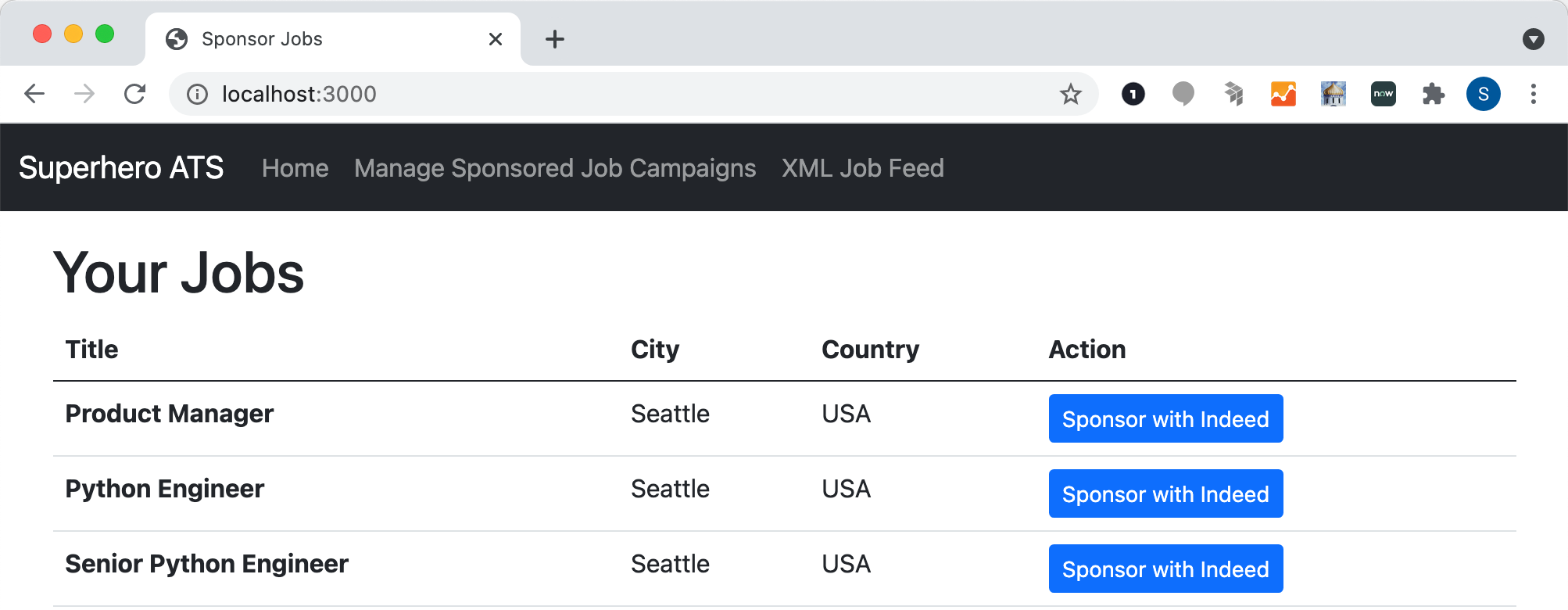 Homepage of Sponsored Jobs App