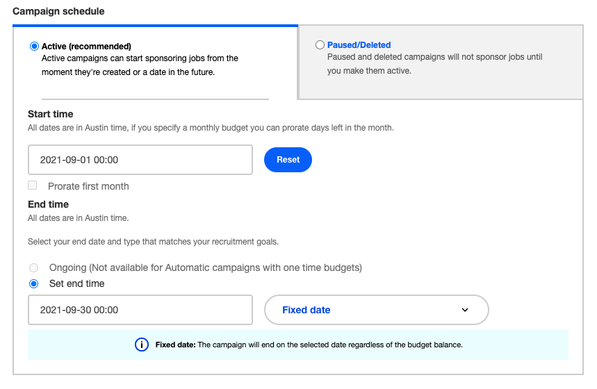Updated end date on Indeed