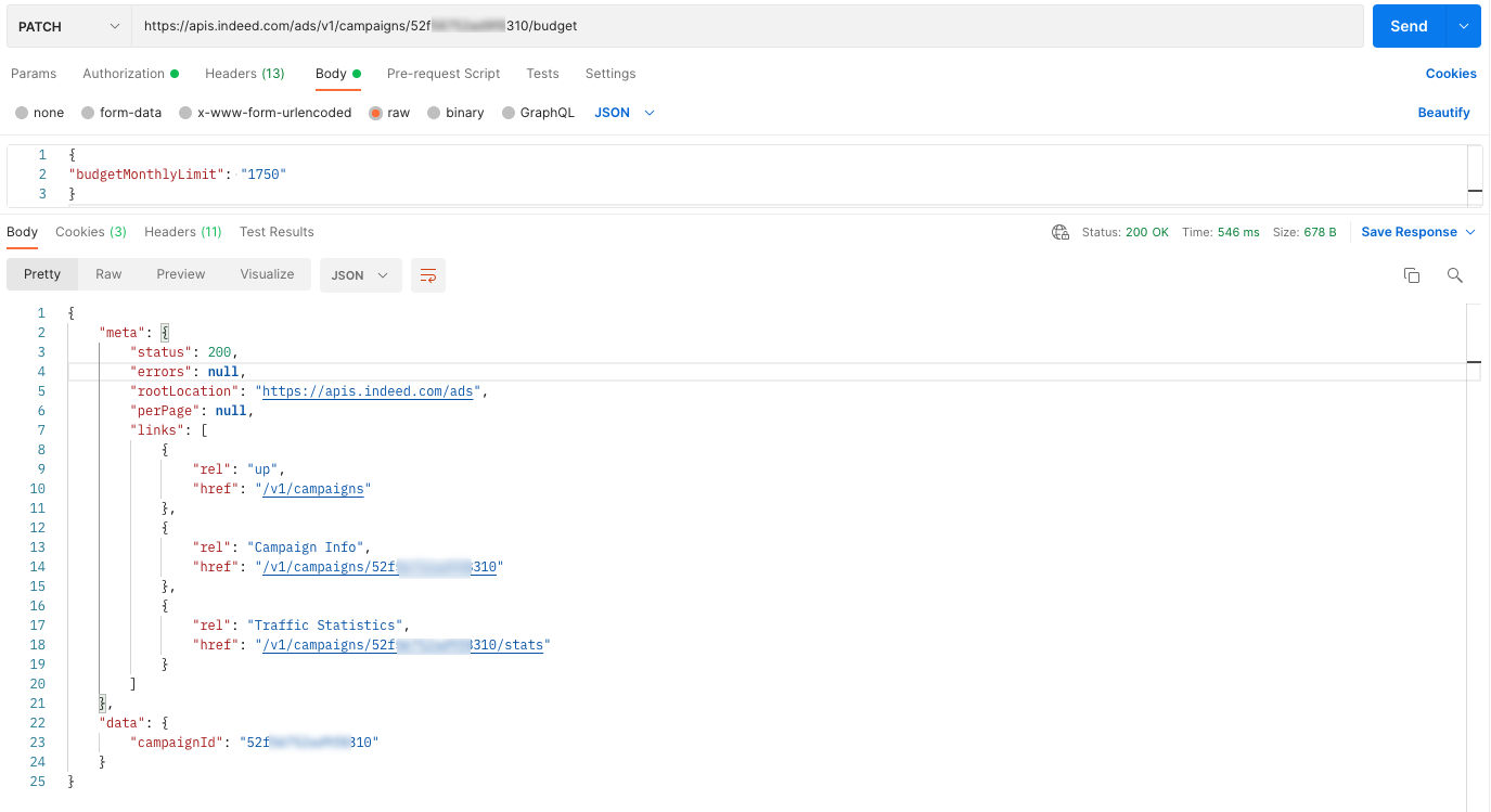 API call to update a campaign budget