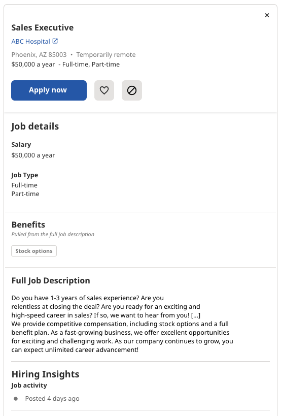 Example of the job post rendered on Indeed